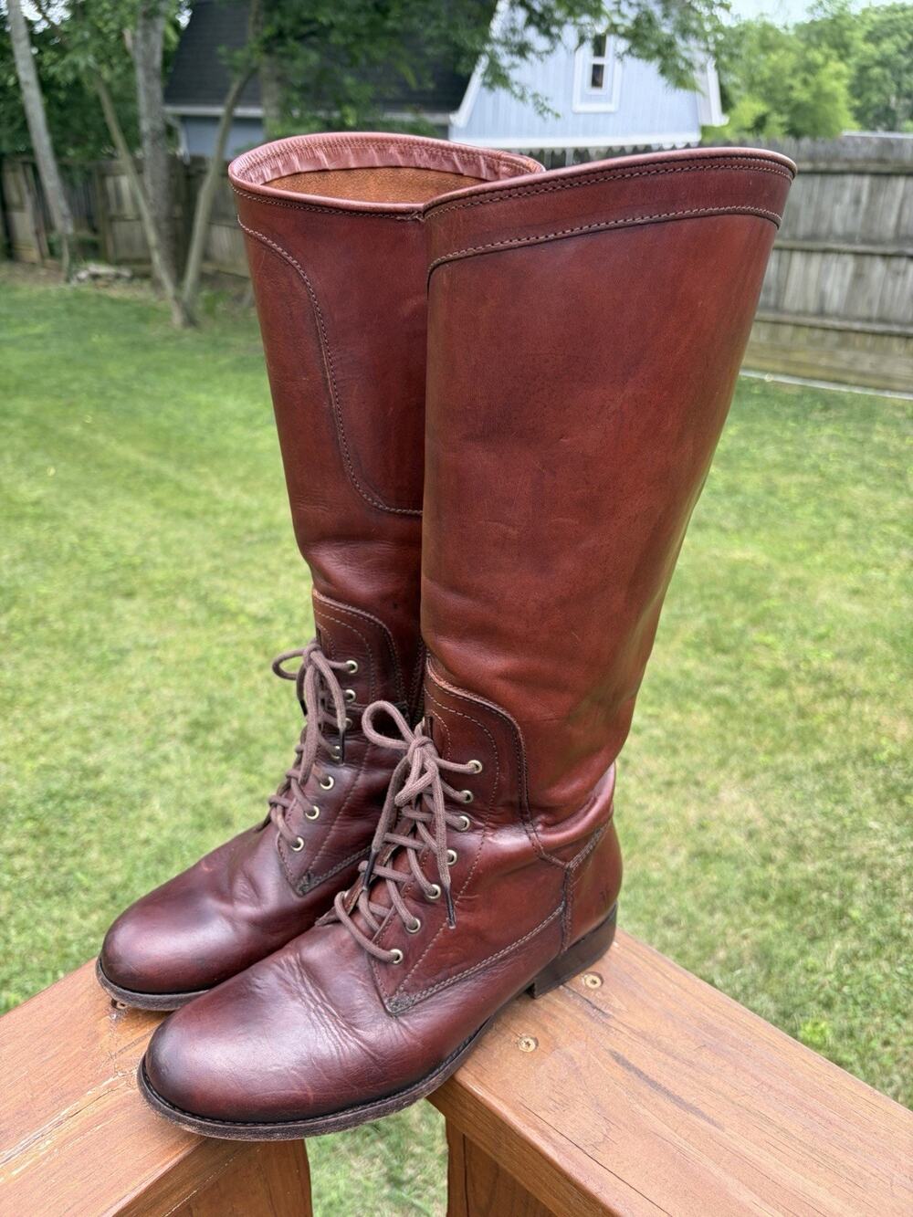 Frye Women's Melissa Lace Up Tall Cognac Leather Riding Boots 76937 Size 8.5B